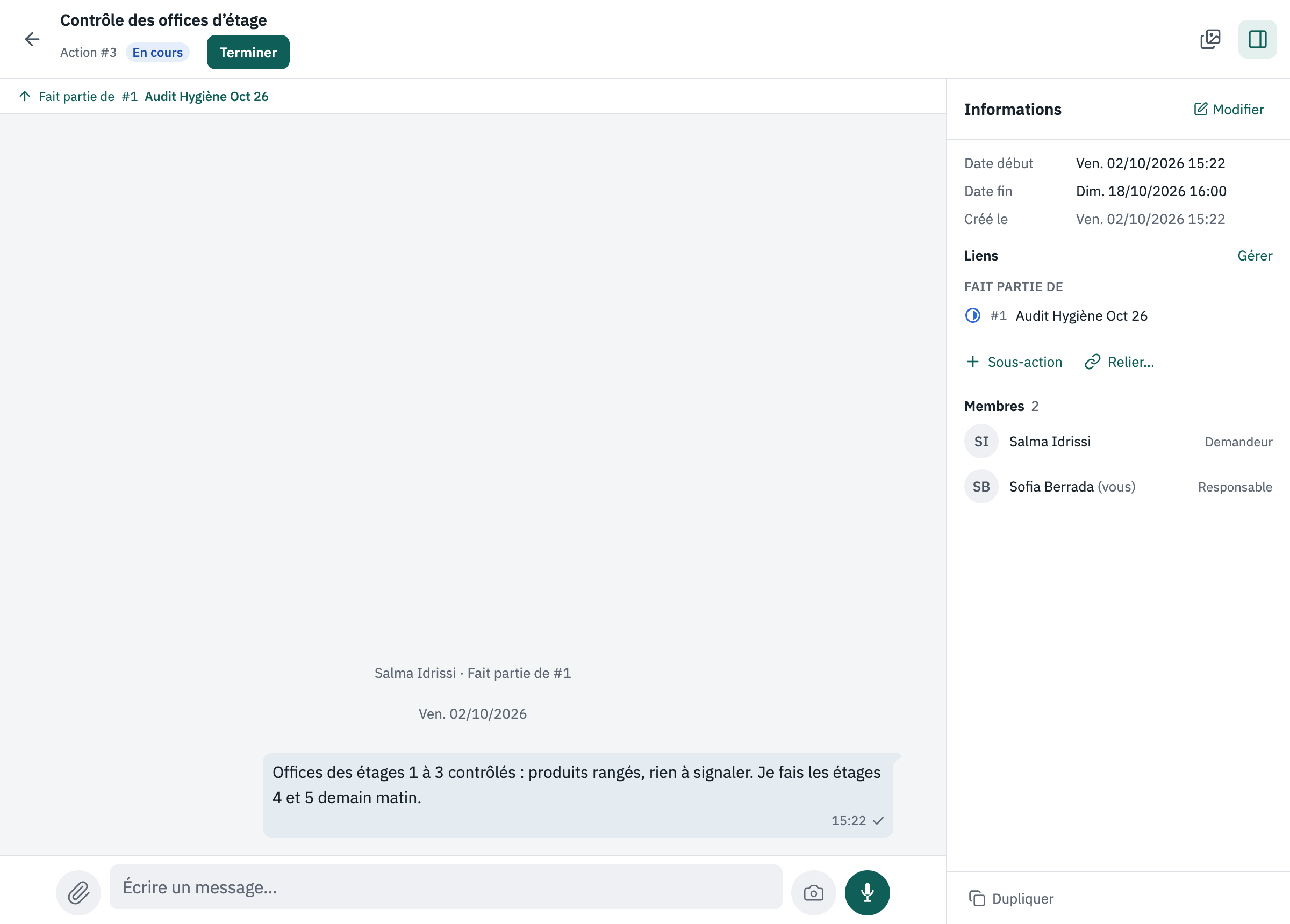 Une action ouverte par sa responsable : Contrôle des offices d'étage, en cours, qui fait partie du plan #1, avec son message.