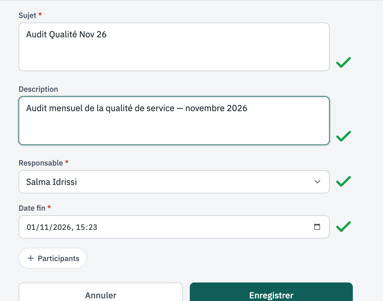 Formulaire d'un nouveau plan : Sujet, Description, Responsable, Date fin, Participants.