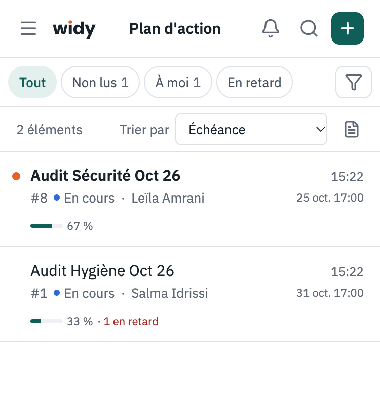 La liste des plans sur téléphone : deux plans, avec leur avancement.