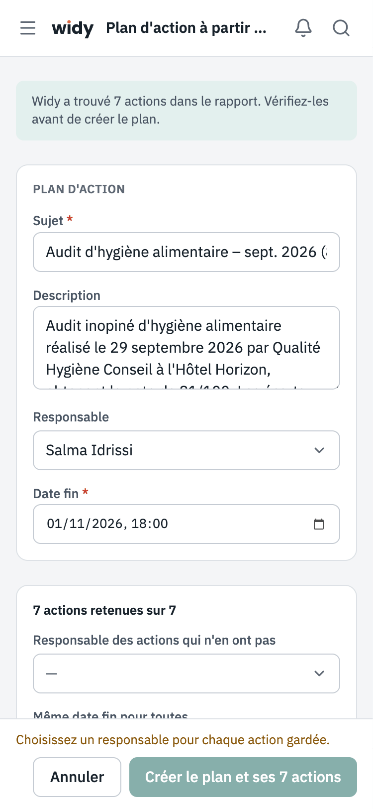 Vérification sur téléphone : le plan proposé, puis les réglages pour toutes les actions.