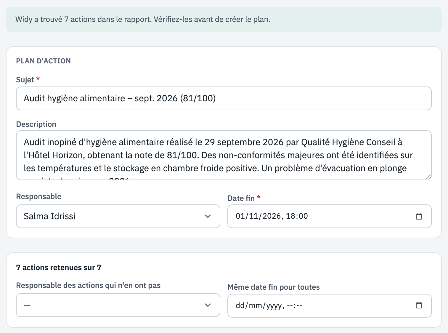Le plan proposé : sujet, description, responsable, date fin, puis les réglages pour toutes les actions.